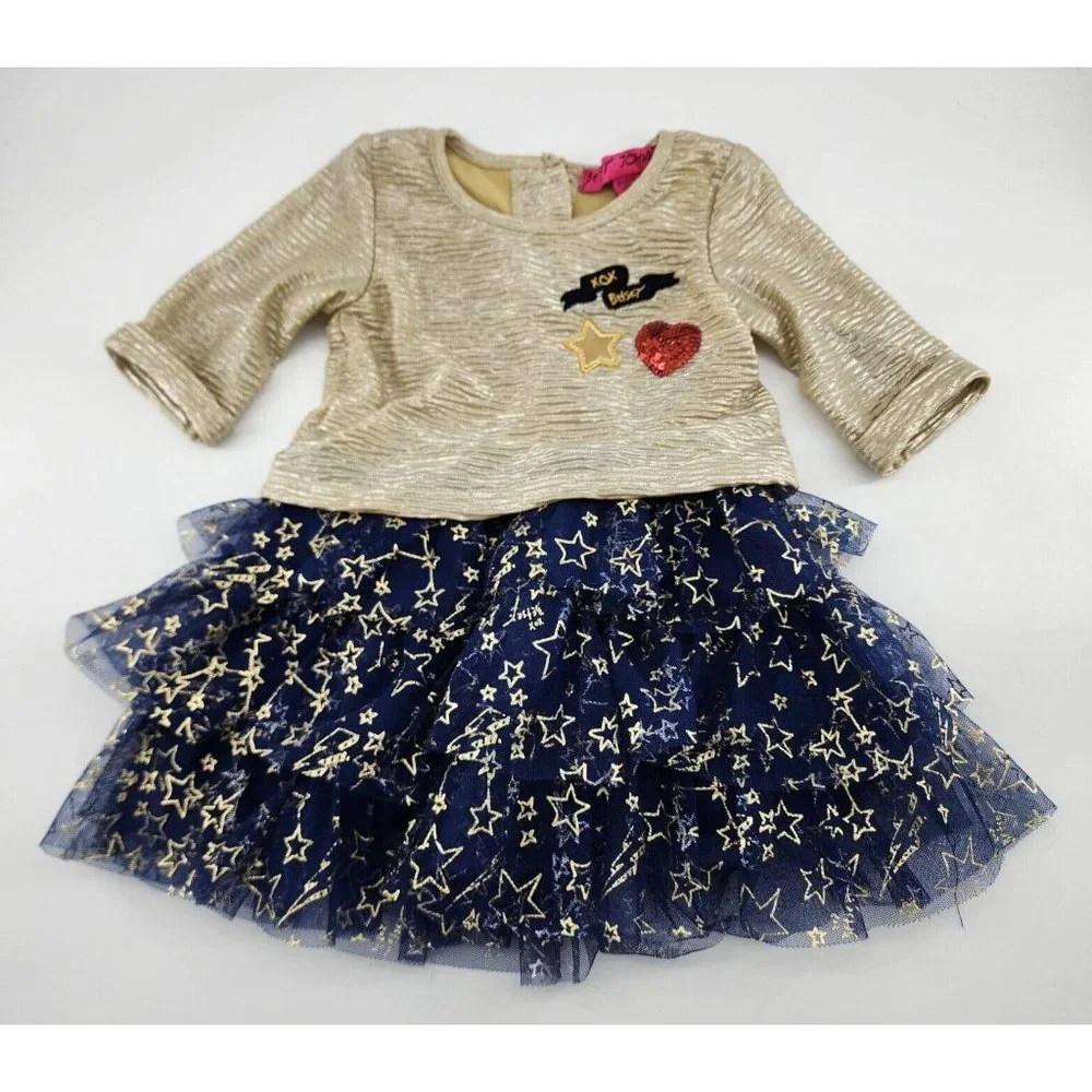 Betsey Johnson Baby Girls 3/4 Sleeve Tiered‎ Dress Blue/Gold Size 12 Months